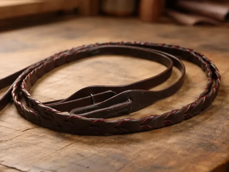 Zügel und Zubehör aus der Werkstatt Handgefertigte Lederzügel auf Werkbank